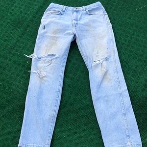 Wrangler Rugged Wear very distressed jeans, w/ paint, grease, dirt, & holes